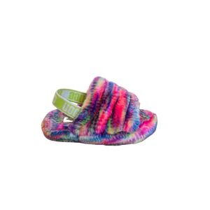 UGG Fluff Yeah Pixelate Rainbow Slides Tie Dye Fuzzy Slippers Girl's Size 13